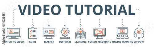 Video tutorial banner web icon vector illustration concept with icon of watching video, guide, teacher, software, learning, screen recording, online training, support