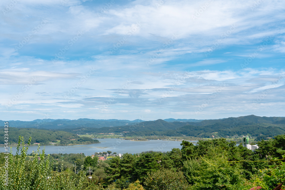 Panoramic view of Yedang Lake and mountains in Yesan, Korea
