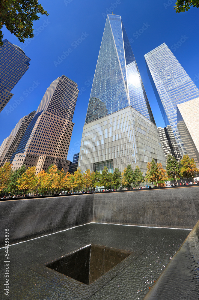 Freedom Tower and Memorial Fountain commemorating the September 11 ...