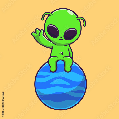 Cute Alien Sitting On Planet with Waving Hand Cartoon 
Vector Icon Illustration. Science Technology Icon Concept 
Isolated Premium Vector. Flat Cartoon Style