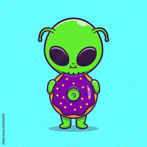 Cute Alien Eating Doughnut Cartoon Vector Icon Illustration. 
Science Food Icon Concept Isolated Premium Vector. Flat 
Cartoon Style