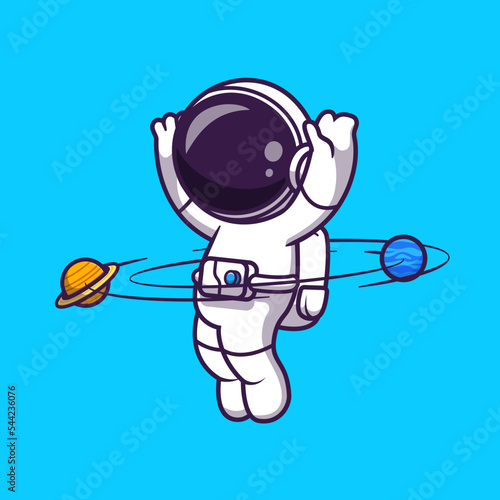 Astronaut Playing Planet Ball Cartoon Vector Icon Illustration. 
Science Technology Icon Concept Isolated Premium Vector. 
Flat Cartoon Style