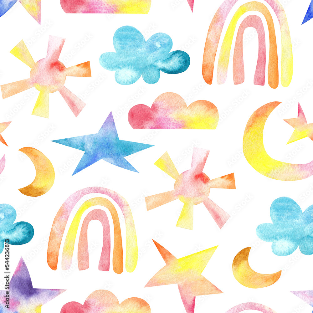 Watercolor children's rainbow print. Colorful seamless pattern of celestial elements. Rainbows, sun, stars, clouds