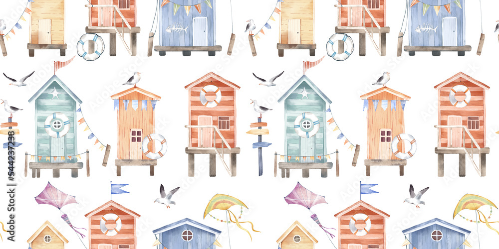Watercolor hand drawn seamless pattern, colorful illustration of cute small beach huts, red striped cabins, kites, seagulls, lifebuoy. Summer marine, sea coast elements isolated on white background.