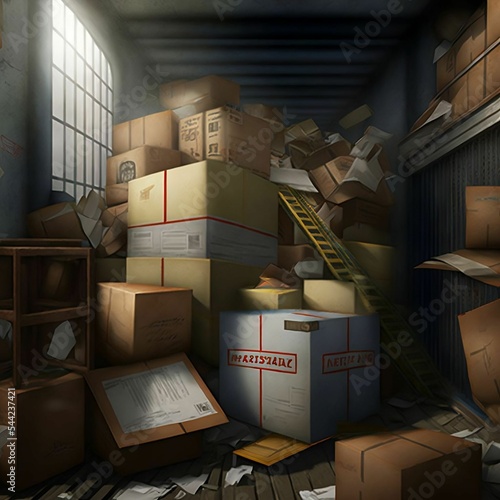 Boxes, Letters, and Mail Piled Up In Warehouse Room | Delayed Mail Concept | Created Using Midjourney and Photoshop