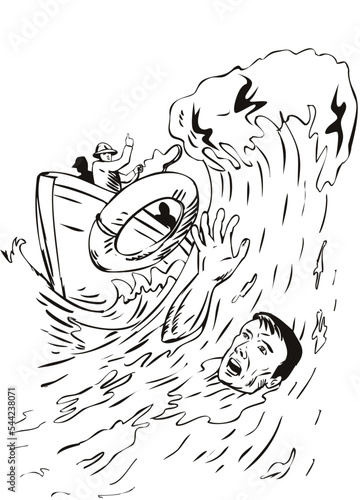 Illustration of man drowning and lifeguard on lifeboat rescuing throwing lifesaver lifeline in open sea ocean done in retro comics style on isolated background.