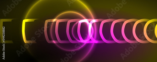 Neon glowing circles and round shape lines, magic energy space light concept, abstract background wallpaper design