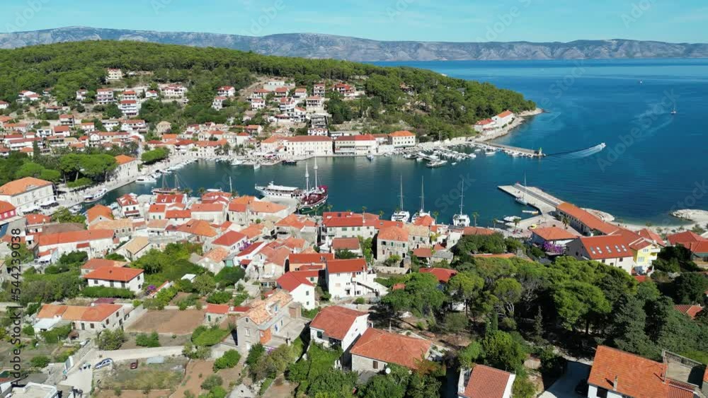 Jelsa Croatia town on Hvar panning drone aerial point of view 4K Jelsa Croatia town on Hvar panning drone aerial point of view 4K