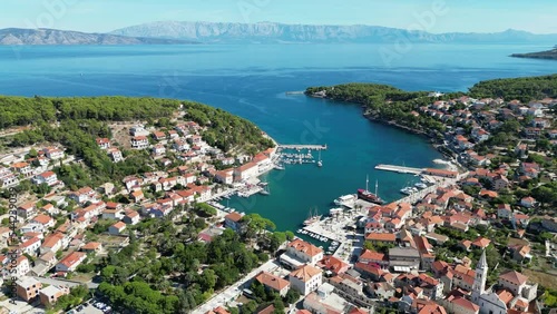 Jelsa Croatia town on Hvar drone aerial view blue sea and sky photo