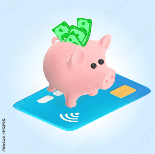 Piggy bank on a credit card. Icon for banner and website. Financial operations. 3d render in good quality