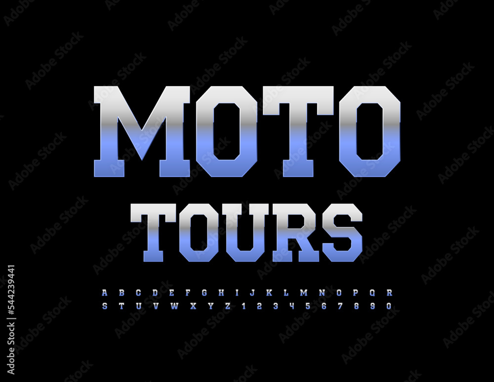 Vector metallic logo Moto Tours. Modern Steel Font. Silver Alphabet Letters and Numbers set