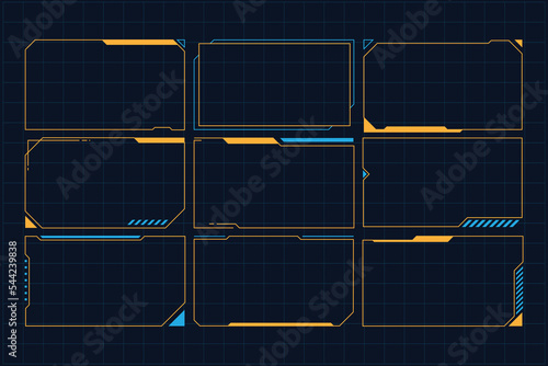 Hud frames. Futuristic text box, border, frame. Sci-fi digital screen, hologram panel. High tech hud interface elements vector set. Modern windows with buttons for computing innovative gameHud frames.