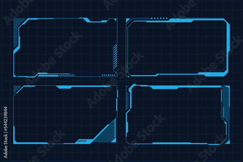 Hud frames. Futuristic text box, border, frame. Sci-fi digital screen, hologram panel. High tech hud interface elements vector set. Modern windows with buttons for computing innovative gameHud frames.