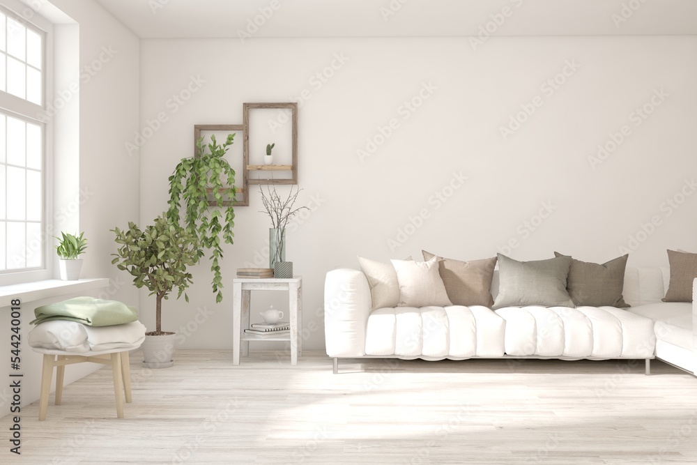 Fototapeta premium White living room with sofa. Scandinavian interior design. 3D illustration