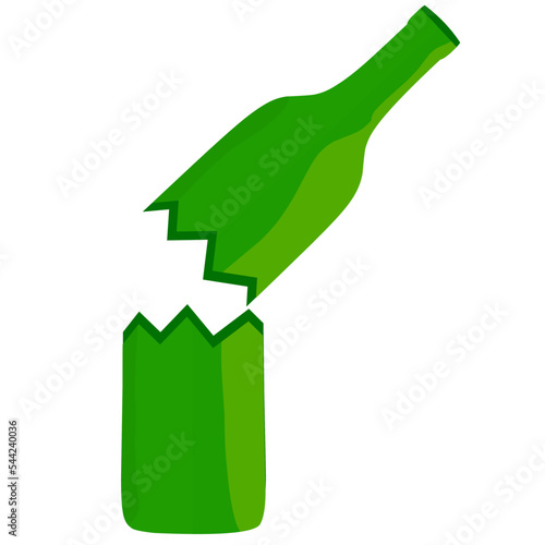 The green bottle is broken into two halves on a white background. The edge of the bottle is very sharp and dangerous, suitable for broken, cracked, sharp drink container logos. Vector illustration