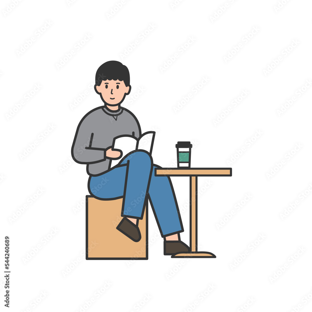 カフェで本を読む男性のイラスト カフェで本を読む男性のイラスト