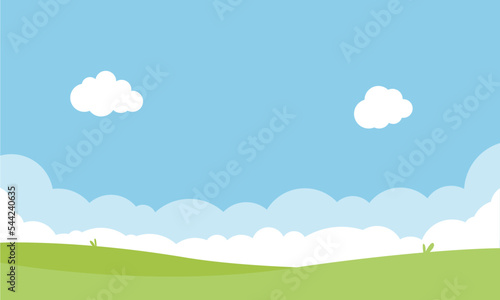Cartoon meadow landscape summer green fields view spring lawn hill and blue sky