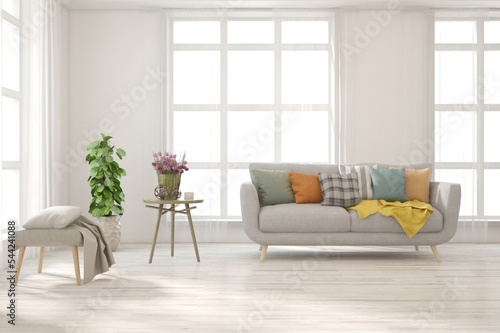 White living room with sofa. Scandinavian interior design. 3D illustration