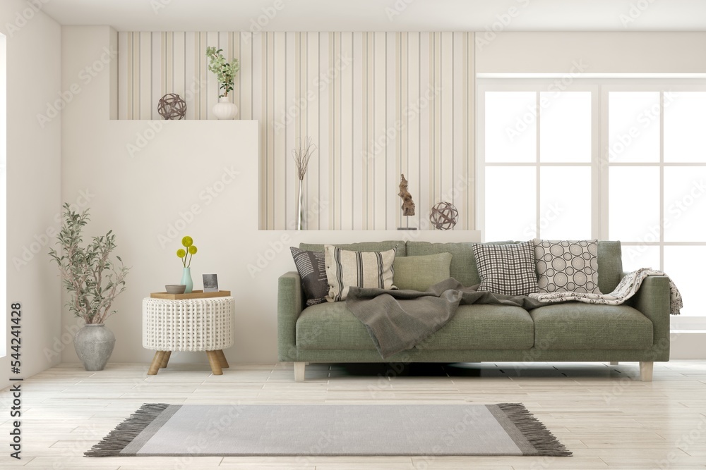 Fototapeta premium White living room with sofa. Scandinavian interior design. 3D illustration