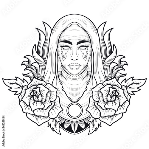 tattoo and t shirt design black and white hand drawn crying nun engraving ornament