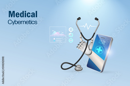 Medical cybernetics concept. Robotics hand holding stethoscope, online consultation, manipulating patient data system. Artificial intelligence in medical and healthcare business futuristic service.