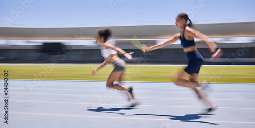 Canvastavla Relay race, running and sports women at a stadium for training, energy and workout