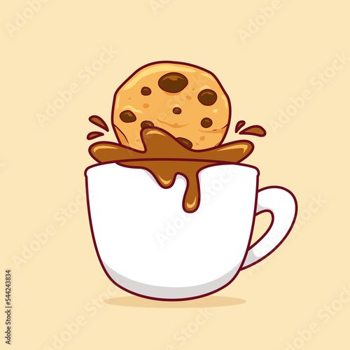 choco chip cookie dipping into hot coffee cup or hot chocolate cup drink illustration