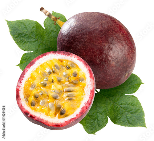 Slika na platnu Fresh Passion fruit with leaves on white, Purple Passion fruit or Maracuya on white background PNG File
