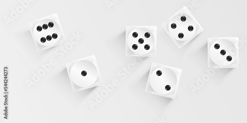 Gambling game dice. Realistic set white play dice cubes with black dot isolated on light gray. Objects to play in casino, dice from one to six dots. View from above. Vector illustration