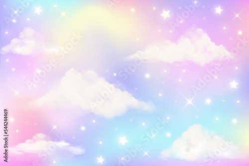 Holographic fantasy rainbow unicorn background with clouds. Pastel color sky. Magical landscape, abstract fabulous pattern. Cute candy wallpaper. Vector. © Chorna_L
