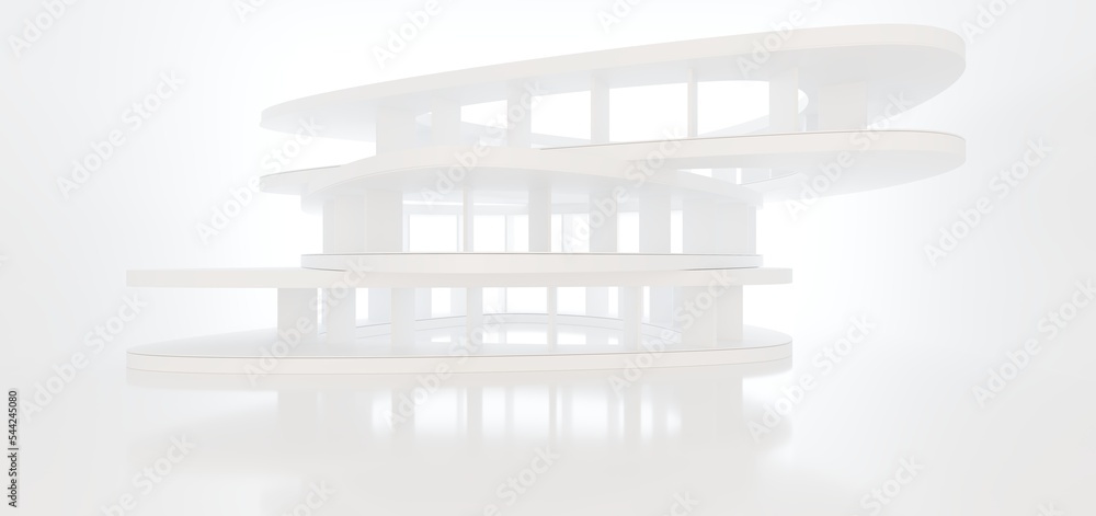 Luxury white abstract architectural minimalistic background. Contemporary showroom. Modern exhibition stand. Empty gallery. Backlight. Polygonal Graphic Design. 3D illustration and rendering.