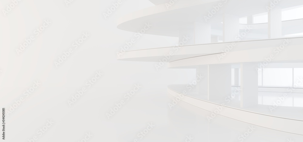 Luxury white abstract architectural minimalistic background. Contemporary showroom. Modern exhibition stand. Empty gallery. Backlight. Polygonal Graphic Design. 3D illustration and rendering.