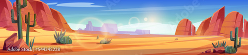 Desert of Africa or Wild West Arizona natural landscape. Cartoon panoramic background, game location with yellow sand, cacti, rocks under blue sky with clouds, vector illustration