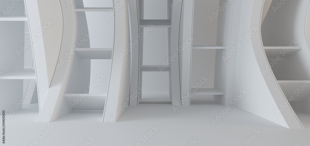 Luxury white abstract architectural minimalistic background. Contemporary showroom. Modern exhibition stand. Empty gallery. Backlight. Polygonal Graphic Design. 3D illustration and rendering.