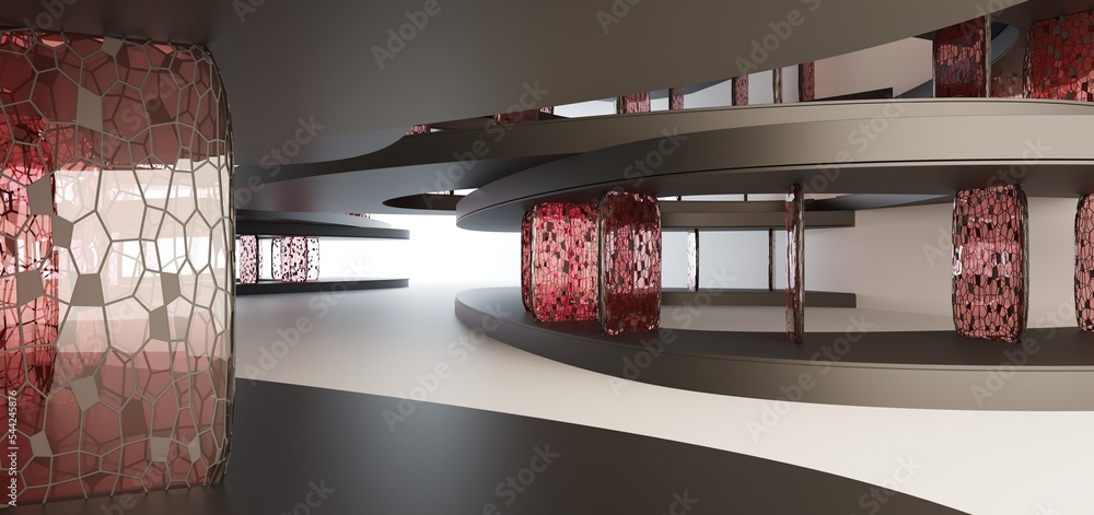 Luxury parametric abstract architectural minimalistic background. Contemporary showroom. Modern black exhibition tunnel. Empty gallery. Stand, table. Interior backlight. 3D illustration and rendering.
