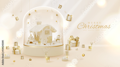 Luxury style background with 3d realistic christmas ornaments in glass bottle on podium with snow elements and glitter light effect decorations and bokeh. Vector illustration.