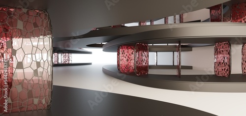 Obraz na płótnie Luxury parametric abstract architectural minimalistic background. Contemporary showroom. Modern black exhibition tunnel. Empty gallery. Stand, table. Interior backlight. 3D illustration and rendering. w salonie