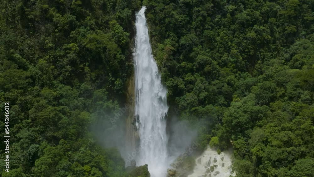 Cascading Tall Waterfall in Green Jungle Rainforest of Veracruz, Mexico - Aerial Cascading Tall Waterfall in Green Jungle Rainforest of Veracruz, Mexico - Aerial