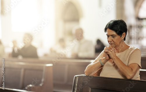 Canvastavla Senior woman praying in church, worship and trust God, prayer or spiritual respect