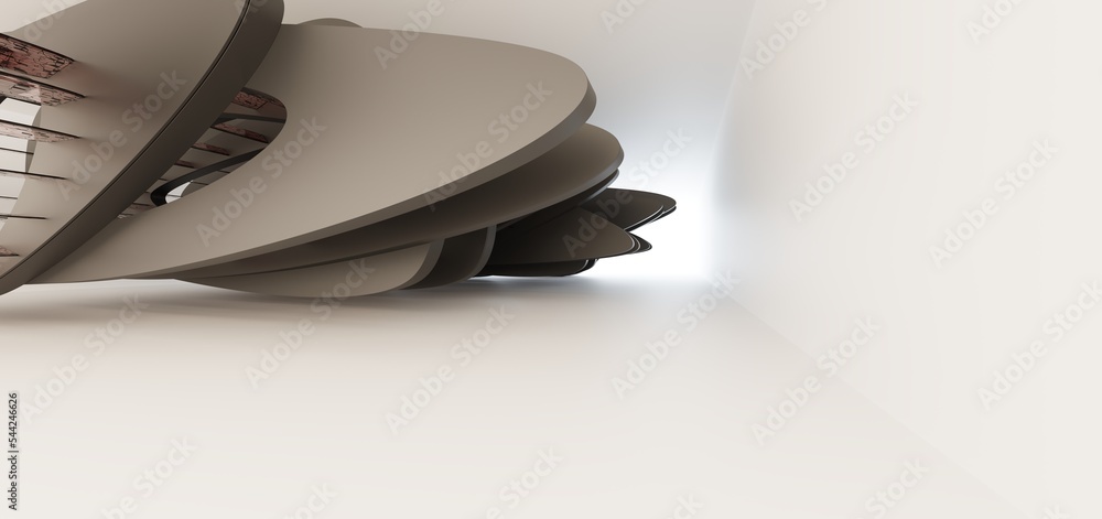 Luxury parametric abstract architectural minimalistic background. Contemporary showroom. Modern black exhibition tunnel. Empty gallery. Stand, table. Interior backlight. 3D illustration and rendering.