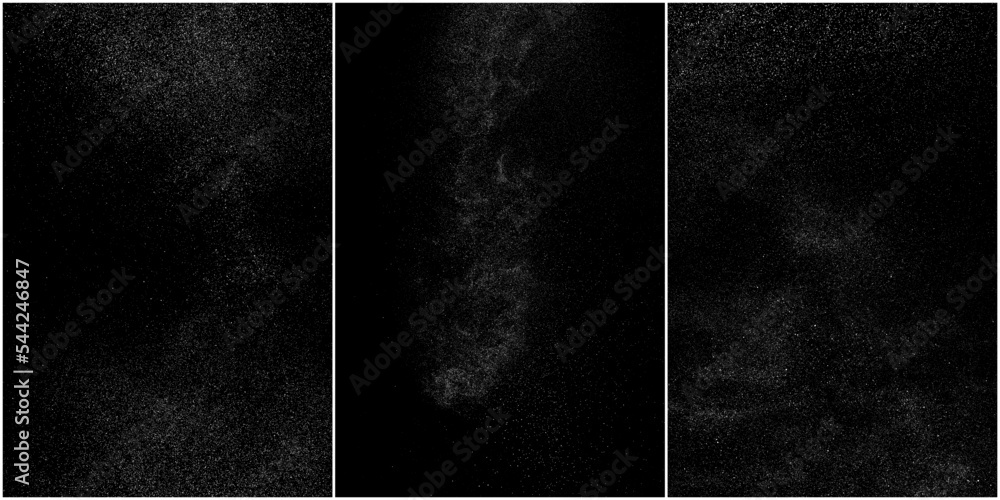 Fototapeta premium Set of distressed white grainy texture. Dust overlay textured. Grain noise particles. Snow effects pack. Rusted black background. Vector illustration, EPS 10. 