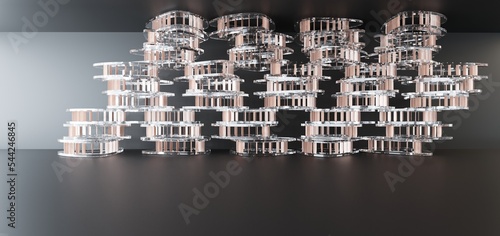 Obraz na płótnie Luxury parametric abstract architectural minimalistic background. Contemporary showroom. Modern black exhibition tunnel. Empty gallery. Stand, table. Interior backlight. 3D illustration and rendering. w salonie