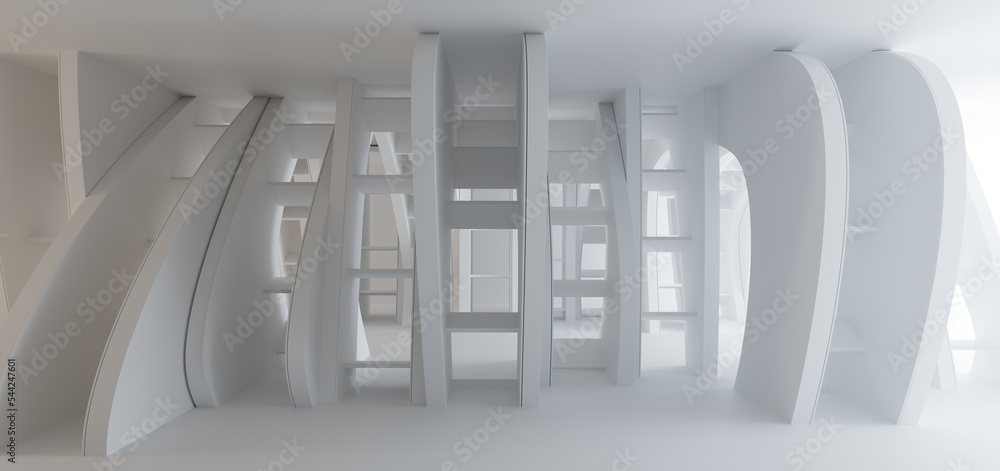 Luxury white abstract architectural minimalistic background. Contemporary showroom. Modern exhibition stand. Empty gallery. Backlight. Polygonal Graphic Design. 3D illustration and rendering.