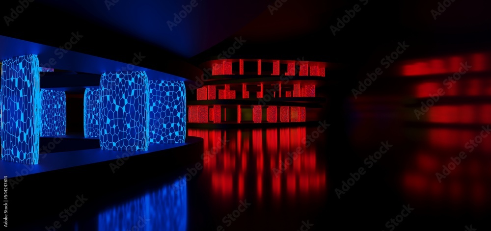 Abstract architectural minimalistic background. Laser show in the ultraviolet spectrum. Modern impulse tunnel. Futuristic space sci-fi frame neon backlight. 3D illustration and rendering.