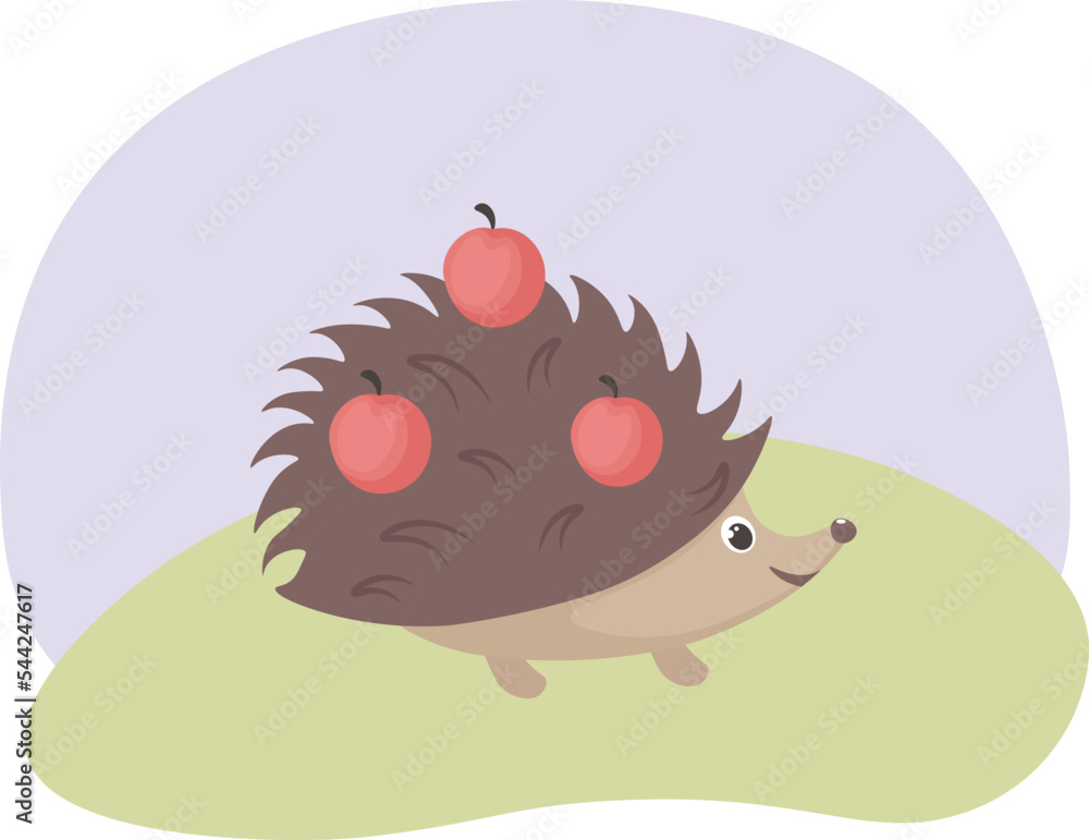 Hedgehog. Cute hedgehog in cartoon style. The hedgehog carries red apples on its back. Side view. Vector illustration Hedgehog. Cute hedgehog in cartoon style. The hedgehog carries red apples on its back. Side view. Vector illustration