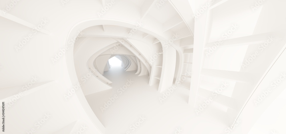 Luxury white abstract architectural minimalistic background. Contemporary showroom. Modern exhibition stand. Empty gallery. Backlight. Polygonal Graphic Design. 3D illustration and rendering.