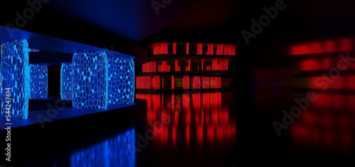 Abstract architectural minimalistic background. Laser show in the ultraviolet spectrum. Modern  impulse tunnel. Futuristic space sci-fi frame neon backlight. 3D illustration and rendering.