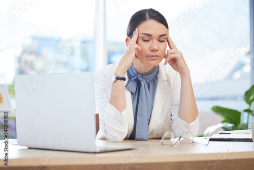Bild auf Leinwand Stress, headache or anxiety for business woman in laptop glitch, 404 hack or digital data breach in creative office