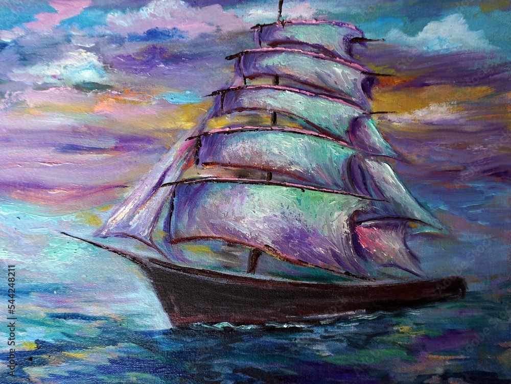 Art painting oil color barque lucky , sailboat , junk boat , Lucky trade