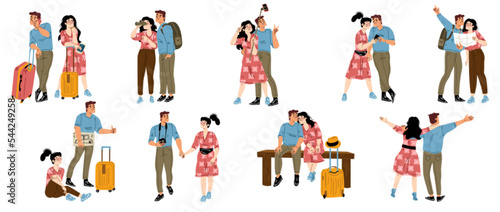 Set of happy couple traveling together, flat vector illustration on white background. Male and female tourists taking pictures, studying map, enjoying trip, go sightseeing, hitchhiking on vacation